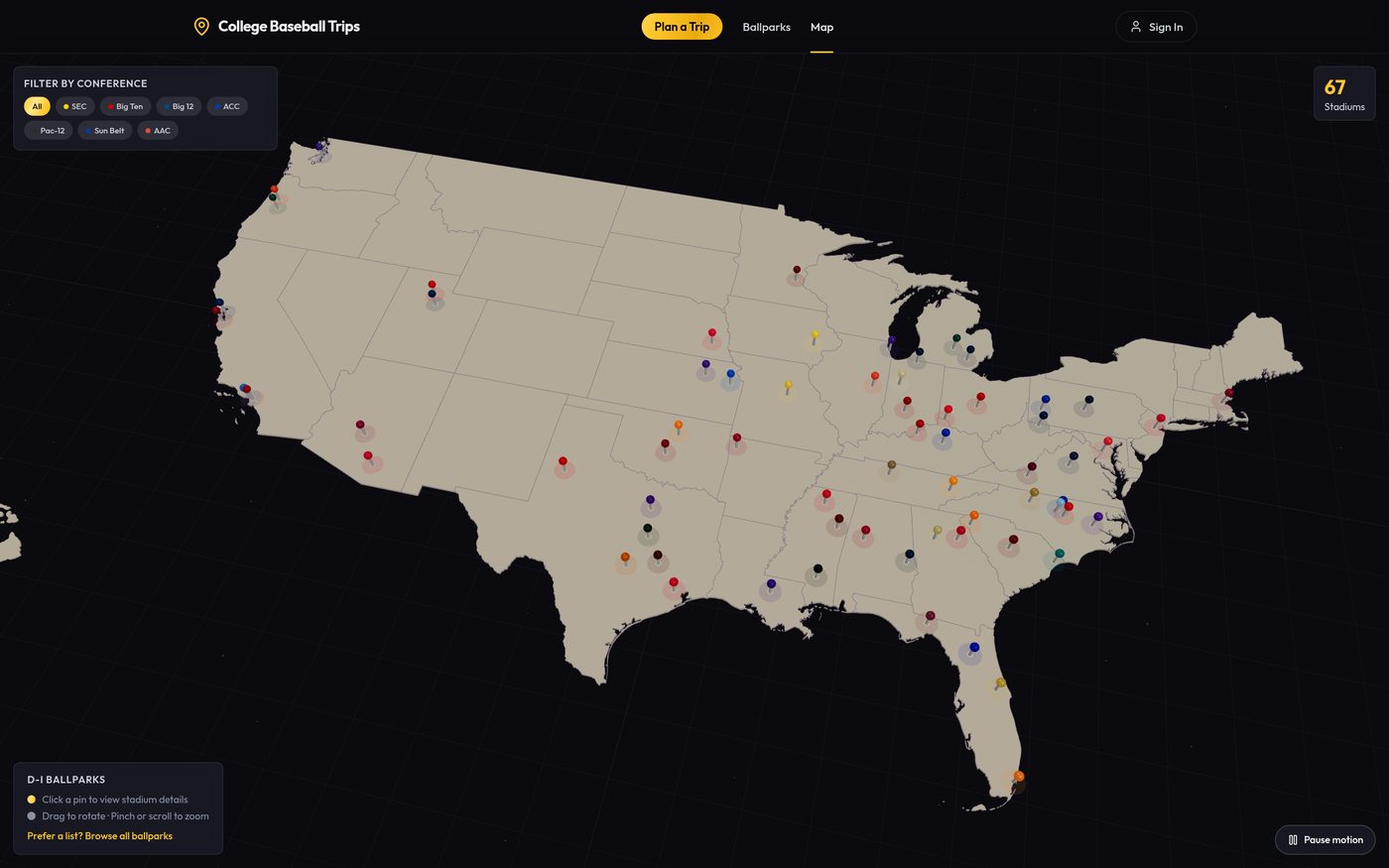 College Baseball Trips interactive ballpark map