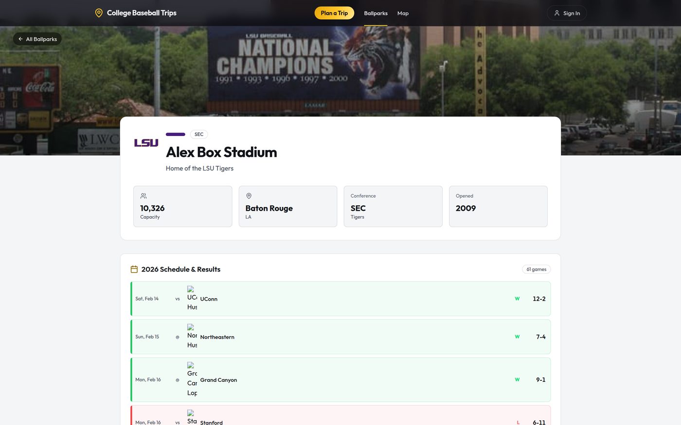 College Baseball Trips ballpark detail page
