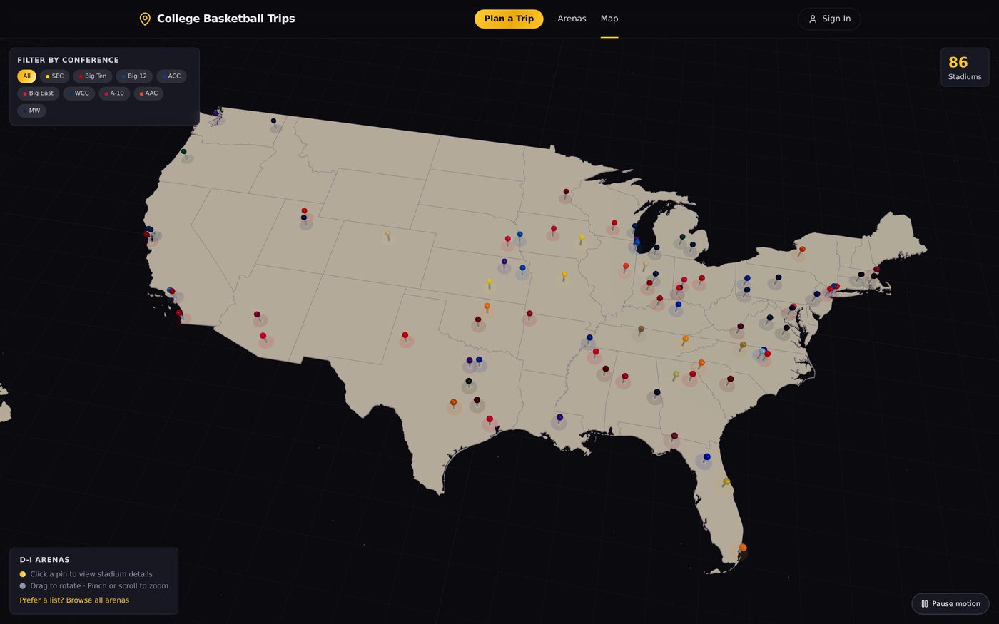 College Basketball Trips interactive arena map