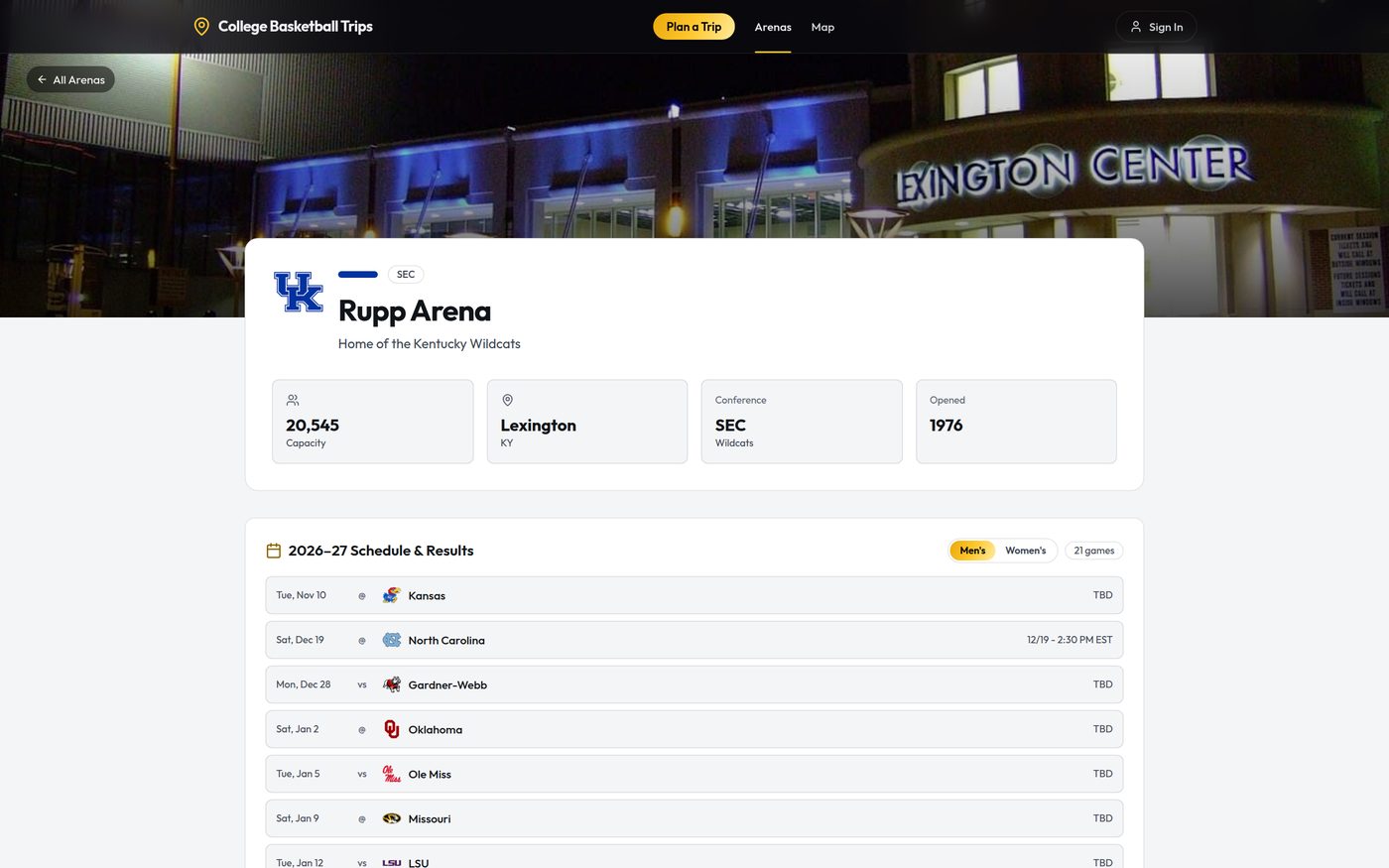 College Basketball Trips arena detail page