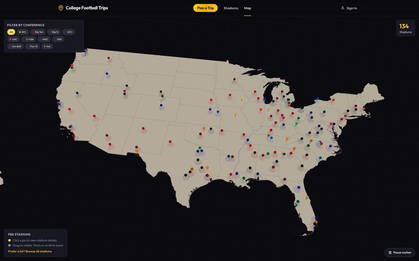 College Football Trips interactive stadium map