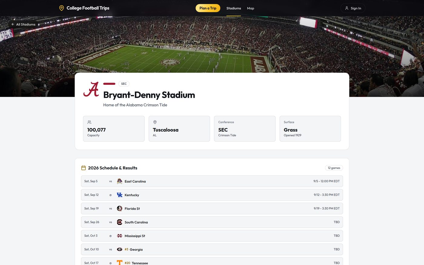College Football Trips stadium detail page