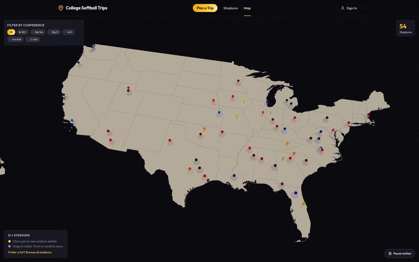 College Softball Trips interactive stadium map