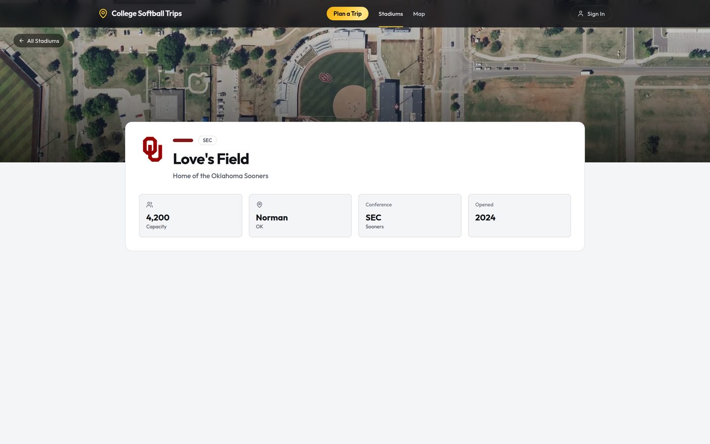 College Softball Trips stadium detail page